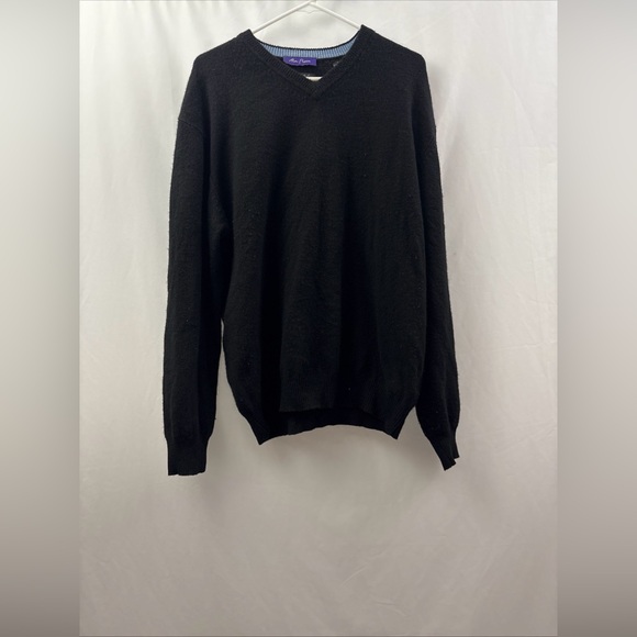 Alan Flusser Sweater Mens Large Black Solid V-neck 100% Cashmere Knit Pullover - Picture 2 of 6